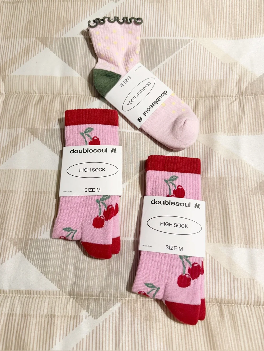 Bundle of 2 Double Soul Pink Cherry Pattern High Socks and 1 quarter sock